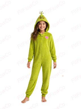 Dr Seuss The Grinch Kids 8 Green Plush Hooded Onesie Pajama Costume